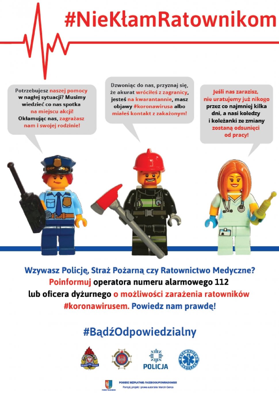 Grafika: figurki z klocków lego przedstawiające policjanta, strażaka i lekarza. Tekst na grafice: #Nie kłam Ratownikom